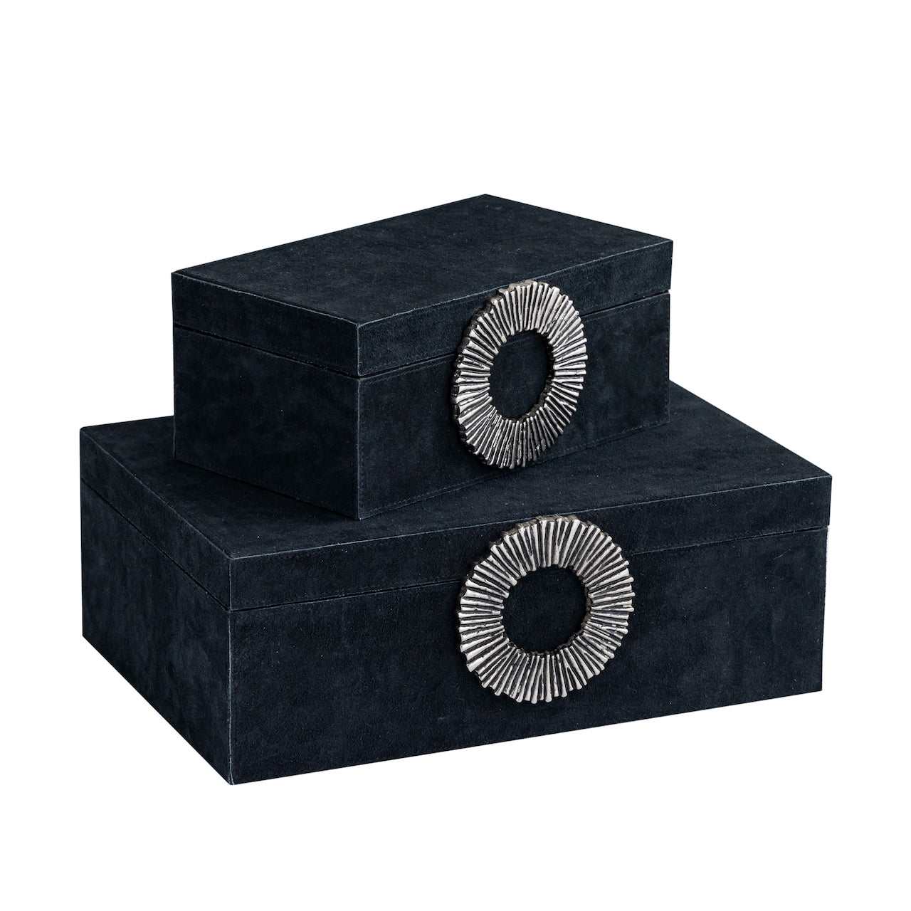 CAJA GAMUZA NEGRA CON ASA PLATEADA S / 26L X 16P X 11H CM
