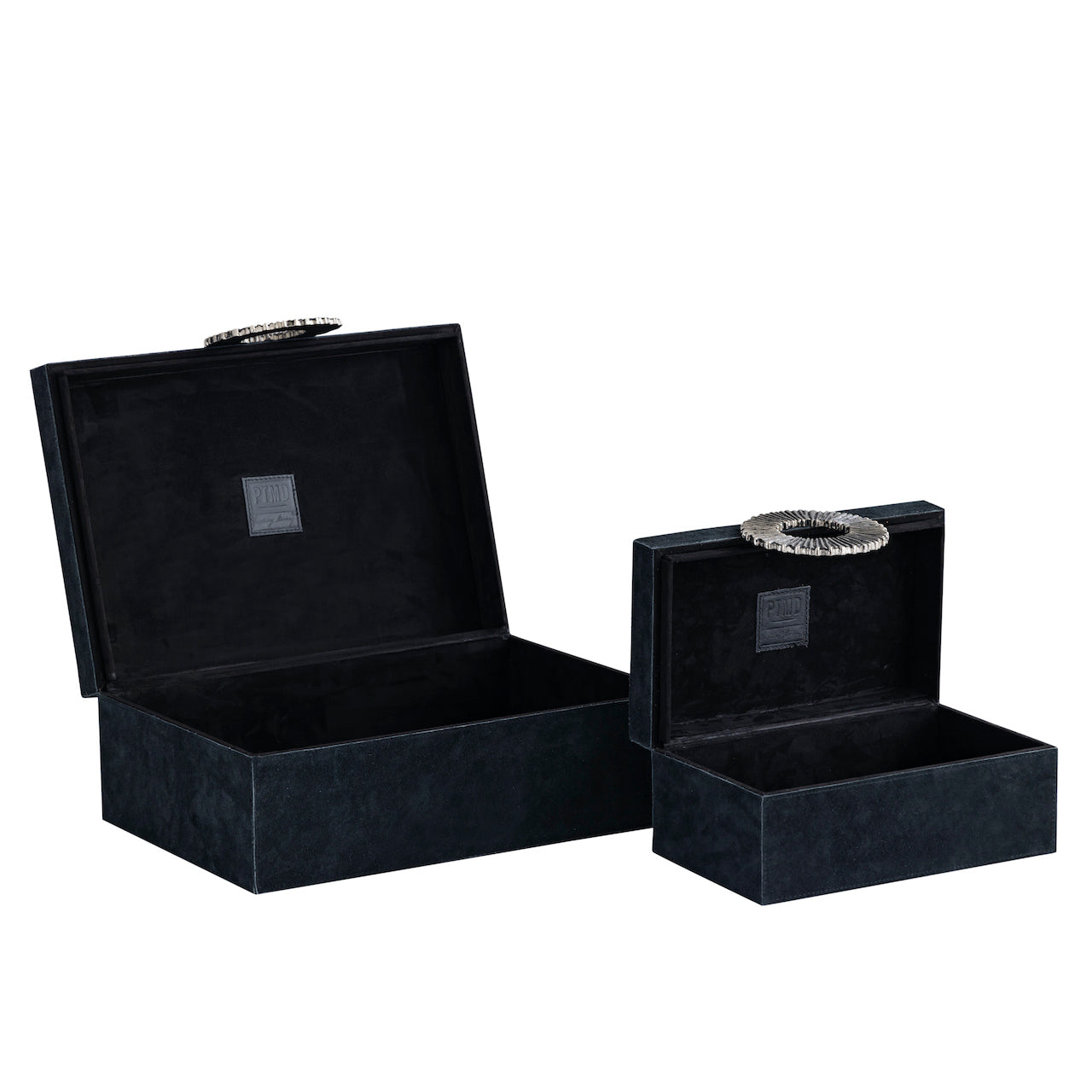 CAJA GAMUZA NEGRA CON ASA PLATEADA S / 26L X 16P X 11H CM