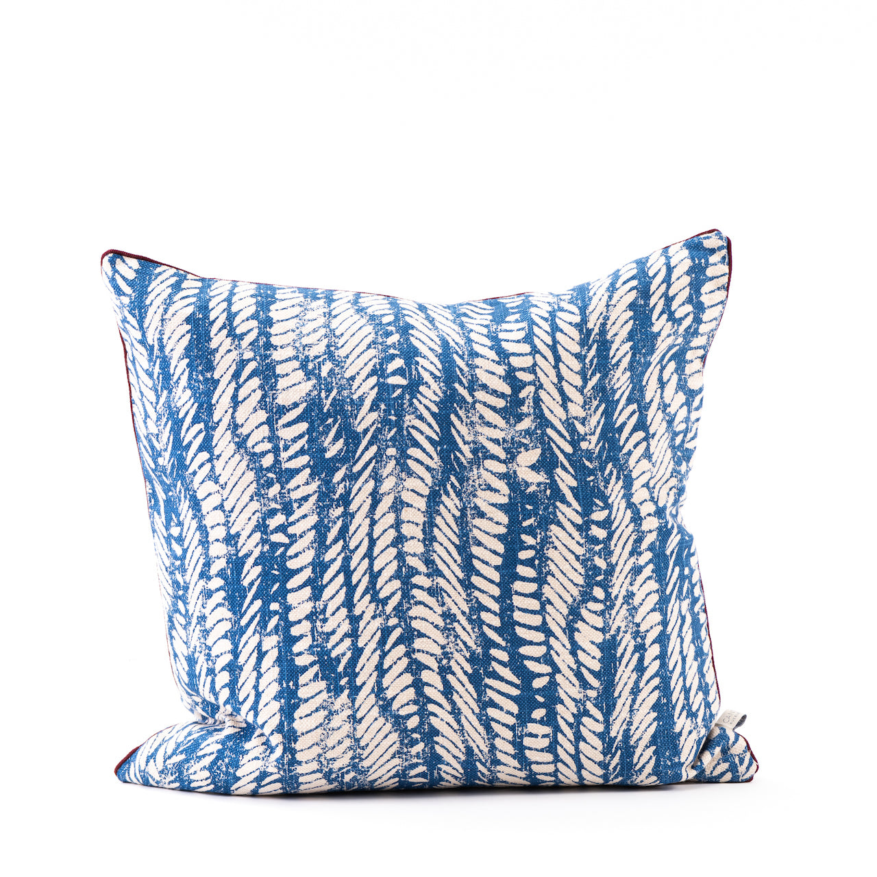 COJÍN LINO BEIGE HOJAS AZULES VIVO CREMA 50 X 50 CM