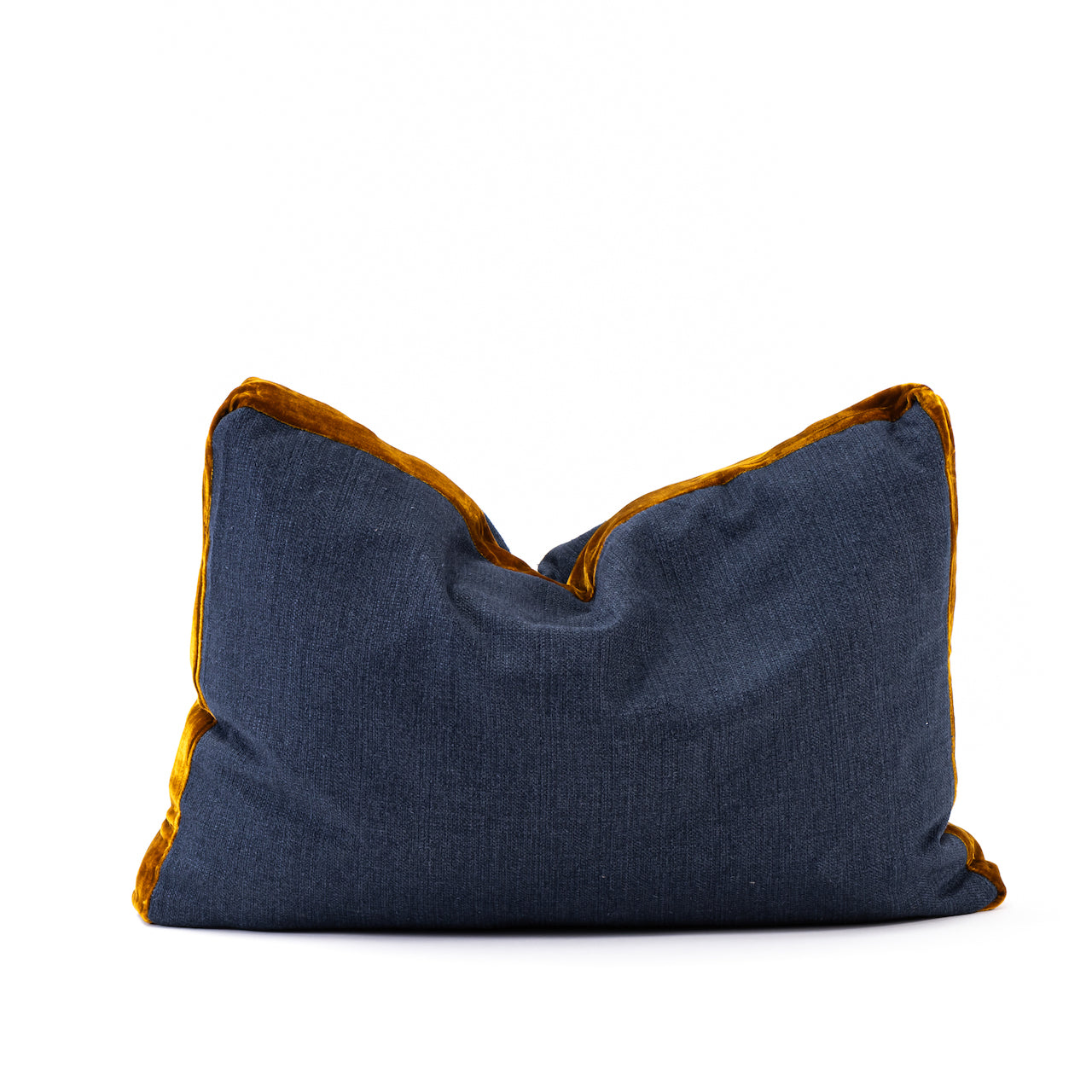 COJIN LINO AZUL CON FAJA TERCIOPELO OCRE 60 X 40 CM