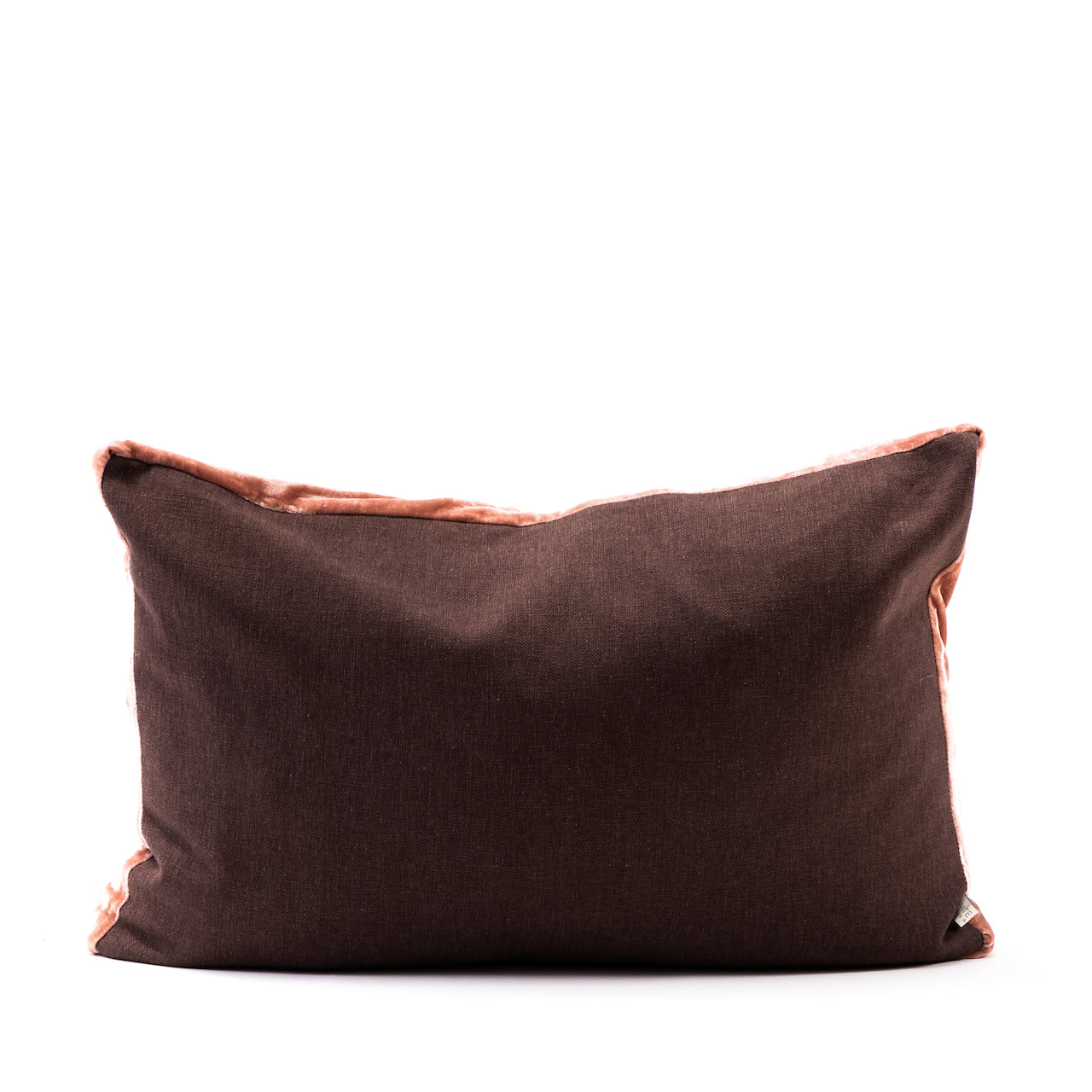 COJIN LINO CHOCOLATE CON FAJA TERCIOPELO ROSADO 60 X 40 CM