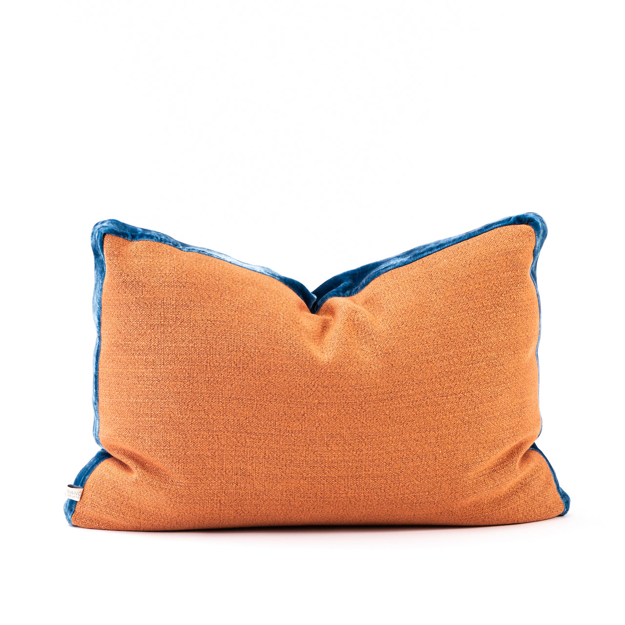 COJIN LINO LADRILLO CON FAJA TERCIOPELO AZUL 60 X 40 CM