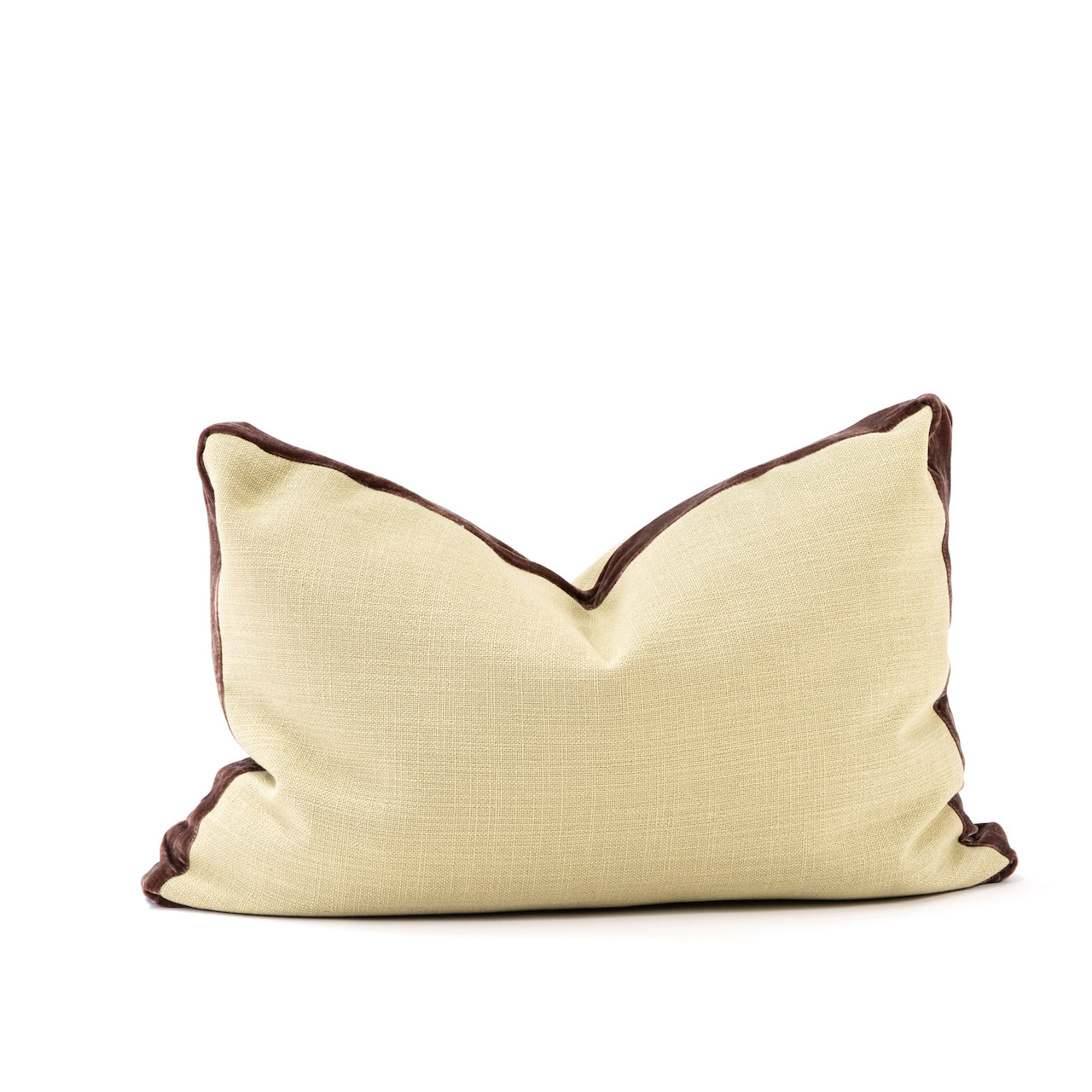 COJIN LINO VERDE CLARO CON FAJA TERCIOPELO CAFÉ 60 X 40 CM