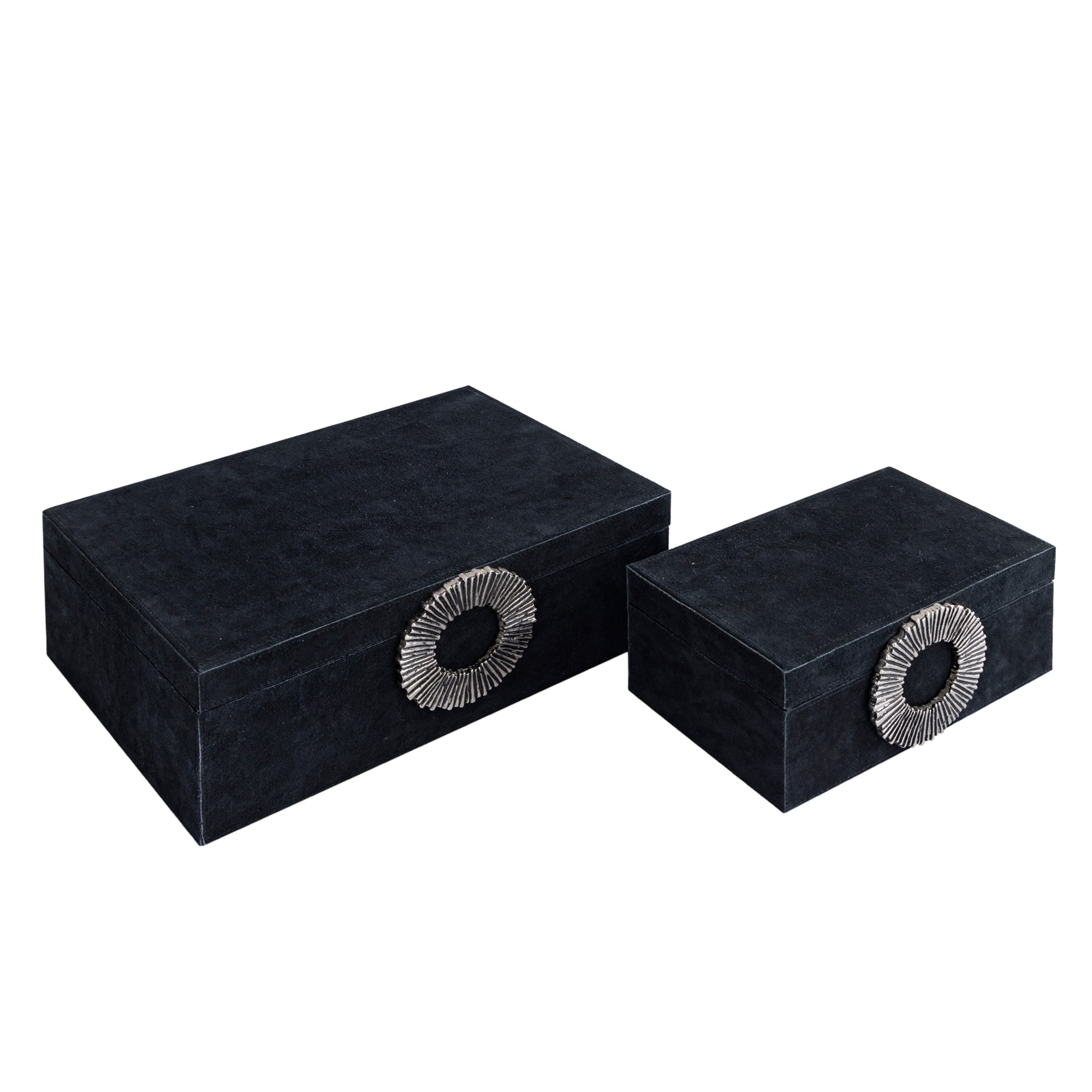 CAJA GAMUZA NEGRA CON ASA PLATEADA S / 26L X 16P X 11H CM