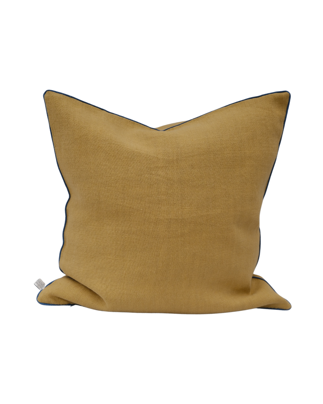 COJIN LINO MOSTAZA CON VIVO AZUL PIEDRA / 50 X 50 CM