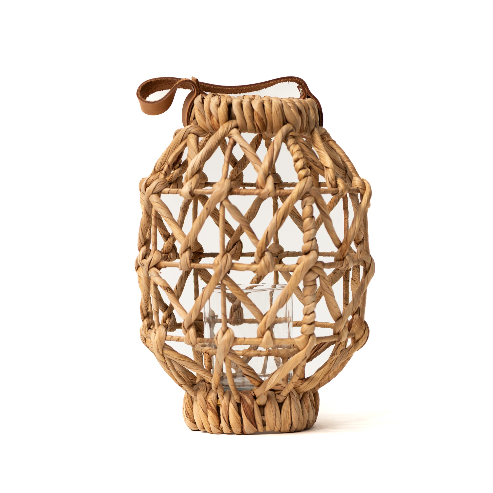 FANAL JACINTO NATURAL CON MANILLA DE CUERO NATURAL / 23D X 33H CM